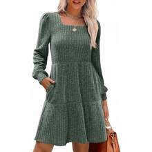 Local Delivery- Fall Dresses Casual Babydoll Sweater Dress Womens Square Neck Long Sleeve - Green - View 1
