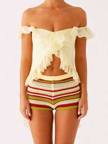 Women Off Shoulder Tops Ruffle Trim Solid Color Backless Showing Navel Shirts Summer Streetwear - Yellow - View 2