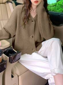 Solid Color Classic And Simple V-Neck Cardigan With Front Button And Long Sleeves,Long Sleeve Tops Casual - Khaki - View 2