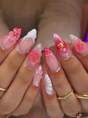 24 szt./zestaw w kształcie migdałów francuski manicure 3D kwiatowy gradient kropli wody eleganckie wielokrotnego użytku nakładki na paznokcie z 1 szt. żelu żelowego i 1 szt. pilnika do paznokci, dodające romantycznego akcentu do codziennego noszenia i randek