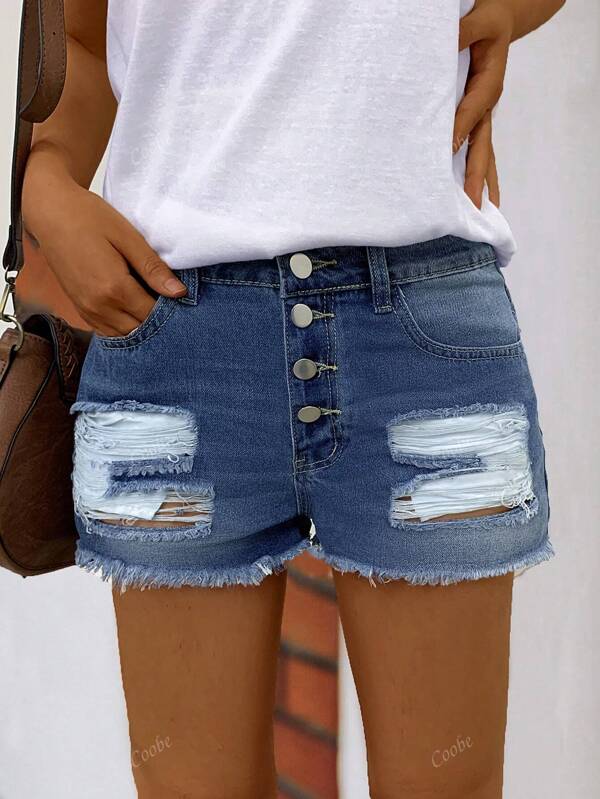 Commuter Casual Women's Multiple Buckle Design Distressed Loose Denim Shorts, Fashionable