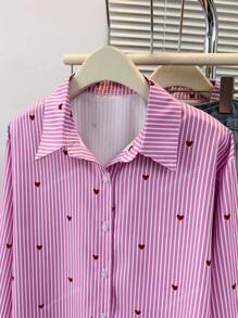 Women's Heart Print Polo Collar Striped Shirt - Casual Button-Up Long Sleeve Vacation Top For Spring Summer Fall Everyday Outfits