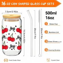1pc16oz Bow Cherry Multi-Style Glass Cup, Double-Layer Insulated Straw Cup With Wooden Cup Lid, Special Drinking Cup For Girls, Birthday Gift For Girlfriend, Anniversary Gift, Valentine's Day Gift