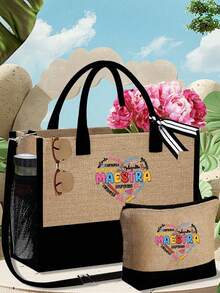 Maestra 主题手提包和化妆包套装，包括一个托特包和一个零钱包、手提包、单肩包、大容量亚麻购物袋、心形图案