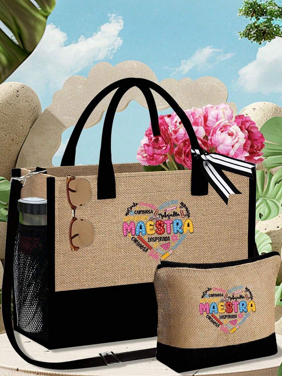 Maestra 主题手提包和化妆包套装，包括一个托特包和一个零钱包、手提包、单肩包、大容量亚麻购物袋、心形图案