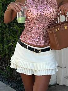 Women's Cute Double-Layer White Skirt - Pleated Mini With Adjustable Waist Belt, Versatile Solid Color For Daily Wear & Vacations - 米色 - 查看 1