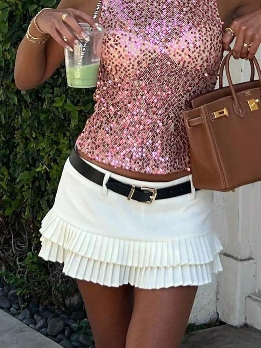 Women's Cute Double-Layer White Skirt - Pleated Mini With Adjustable Waist Belt, Versatile Solid Color For Daily Wear & Vacations - 米色 - 查看 1