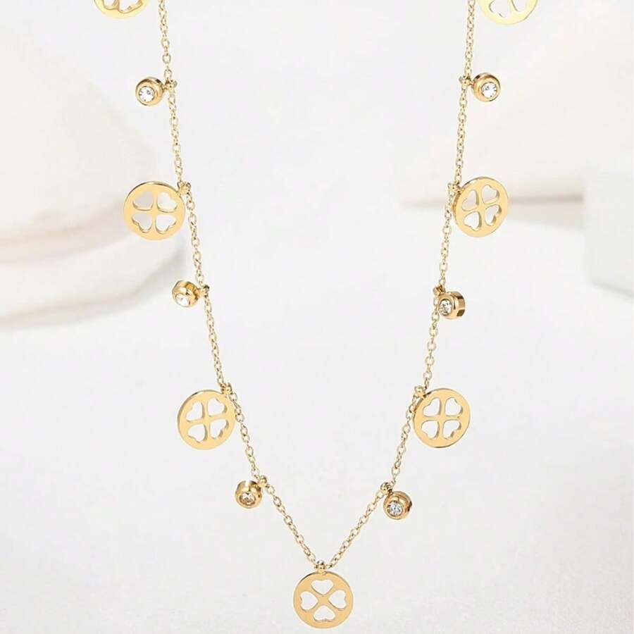 New Fashionable Stainless Steel Women Necklace, Hollow Four-Leaf Clover Design, Heart Pendant With Tassel, Unique Fashion Choker Necklace