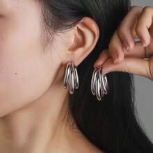 1 Pair French Retro C-Shaped Multilayer Design Earrings For Women Elegant And Exquisite In 925 Silver And 18k Gold Plated - 銀色 - 查看 1