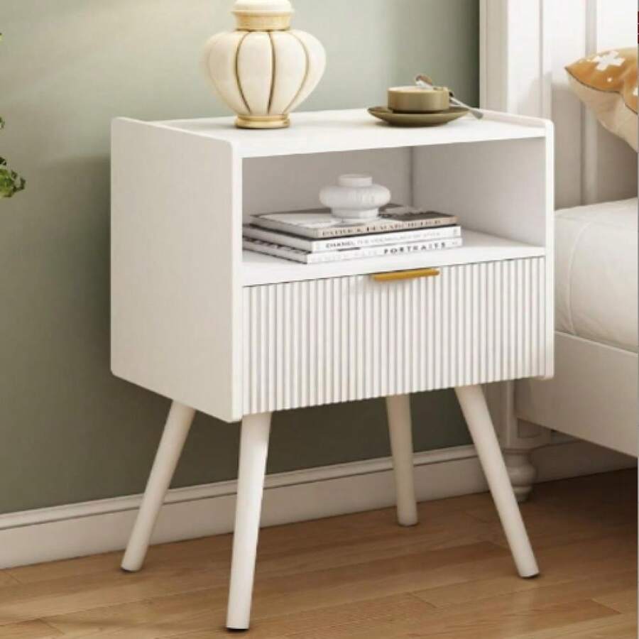 Bedside Table, Solid Wood Bedside Table, Storage Cabinet With Worktop, Open Mesh, Drawer, Suitable For Bedroom, Living Room, Dining Room, Study, 42*30*65 Cm (1 Piece) - trắng - Xem 1