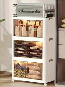 5layer Foldable Storage Cabinet, Plastic Sundries Organizer With Doors & Wheels, Stackable Large Capacity Home Organization For Bedroom, Living Room, Kitchen, Easy Assembly & Space-Saving Design
