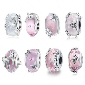 WOSTU 1 st 925 sterlingsilver söta härliga rosa blomma fjäril katt europeiska murano glaspärlor berlocker för gör-det-själv-tillverkning armband flicka smycken present