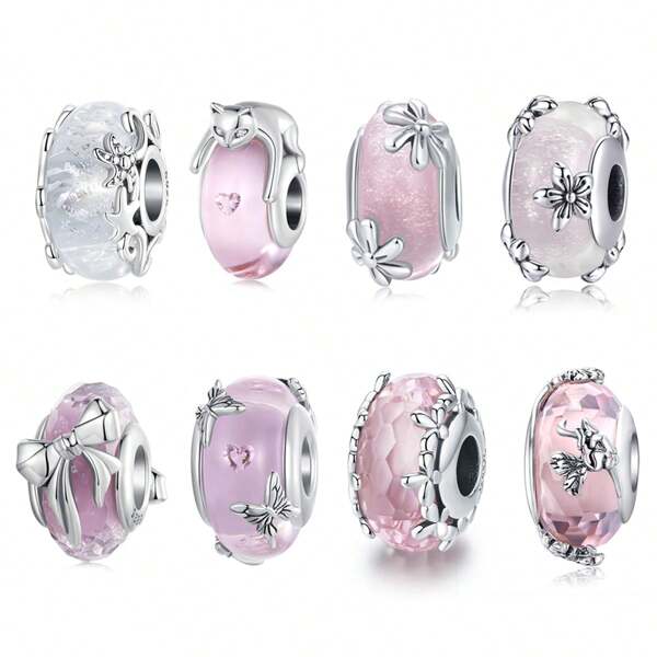 WOSTU 1 pieza 925 Plata de ley Adorable y encantador Flor rosa Mariposa Gato Cuentas de  de Murano europeas para bricolaje Hacer pulseras Regalo de joyería para niña