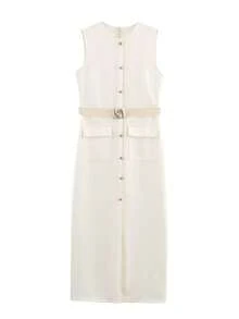 HH 女士时尚 O 领单排扣下摆开衩腰带装饰中长连衣裙女式别致无袖后拉链修身连衣裙 - 卡其色 - 查看 2