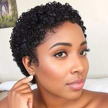 Krótkie kręcone peruki typu Pixie Cut z ludzkich włosów wstępnie wyrwane z baby hair Popularne krótkie peruki afro kręcone 4-calowe brazylijskie fale wodne Krótkie peruki z ludzkich włosów kręcone gotowe do noszenia w 3 sekundy w pełni maszynowo wykonane naturalny czarny kolor w promocji