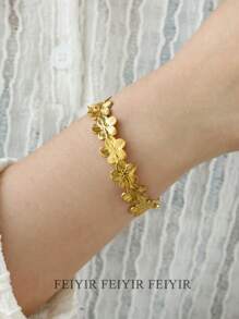 Dainty Flowers Stainless Steel Bracelet Bangle, 18K Gold-Plated & Silver Color Adjustable Open Cuff Bracelets For Women, Golden Wedding Jewelry Vacation Party Accessories, Gifts For Her/Mom/Best Friend