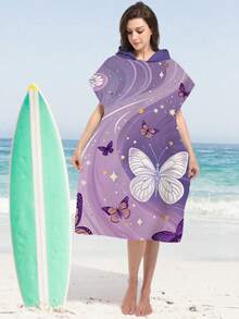 1pc Butterfly Print Purple Metallic Poncho - Ultra-Soft Microfiber Hooded Butterfly Pattern, Suitable For Boys, Girls, Couples - Beach & Home Decor, Couples Cloak | Microfiber Robe Back To School - Multicolor - View 12