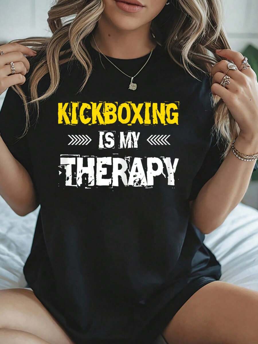 100% Cotton Kickboxing Is My Therapy Kickbox T-Shirt Summer Tops For Women - 黑色 - 查看 1