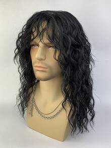 Joyluck 男士黑色长卷发假发，高品质合成假发，适合日常佩戴或参加派对，是摇滚/嘻哈风格的理想之选。 - 自然黑 - 查看 5