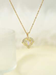 1pc Angel Wing & Heart Shaped Gold Plated Zirconia Embedded Pendant Necklace, Fashion Versatile Jewelry For Women Wedding/Date, Gift For Holidays