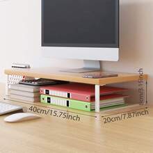 1pc Wooden Computer Monitor Riser Stand, Steel Frame With Wooden Surface, Display Holder Desk Organizer