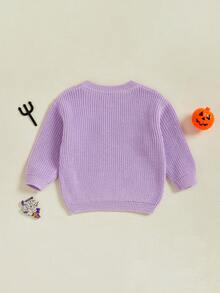 Toddler Baby Girls Halloween Knit Sweater Long Sleeve Letter Ghost Embroidery Crewneck Pullover Sweater Tops Infant Halloween Clothes - Màu tím - Xem 2