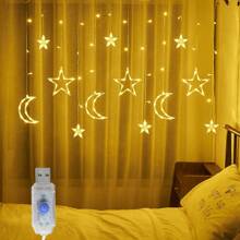1 pièce Guirlande lumineuse étoile et lune, lumières de rideau féeriques avec adaptateur USB, lampes de décoration de fenêtre, utilisées pour la fenêtre, la fête, la chambre, Noël, le mariage