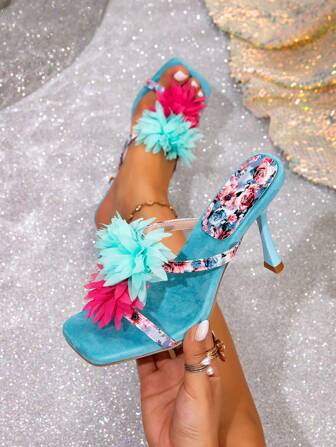 Floral Slip-On Sandals, Women's Summer Outdoor Casual Elegant High Heel Open Toe Mules Slides 2025 New Arrival