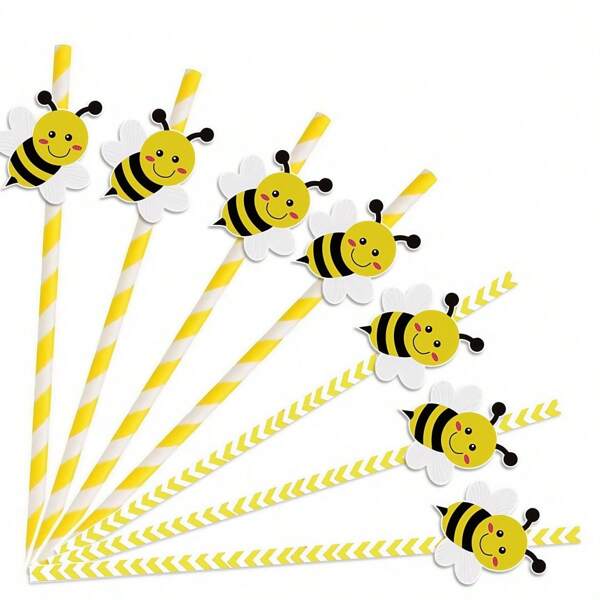 40 piezas Pajitas de papel con diseño de abeja - Pajitas desechables de verano con abeja amarilla y blanca para jugos, batidos, cócteles - Decoración para baby shower, boda y eventos