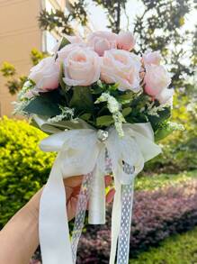 1PC Bridal Bouquet For Wedding; Lace Ribbon Tied Artificial White Rose Flower; Wedding Home Decoration; Wedding Ceremony; Bride's Hand-Held Flower; Church Wedding Ceremony Bridesmaid Prop; Outdoor Wedding Party Photography Decoration Prop