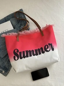 校园风格大容量女士单肩包，休闲百搭条纹帆布手提包，适合大学、度假，渐变条纹手提包 - 紅色 - 查看 5