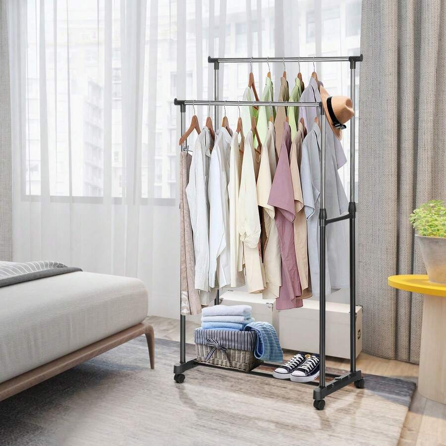 Clothes Rail Adjustable Garment Rack Telescopic Coat Rack Hanging Rail Clothes Stand With Shoe Shelf And Casters Clothing Rack For Small Place Organiser Shelf Bedroom Clothing Rack - Double rail - View 1