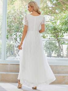 Đầm hè màu trắng tay ngắn cổ chữ V bằng ren kiểu vintage lãng mạn, vạt bất đối xứng, thích hợp cho cô dâu và làm quà tặng. - trắng - Xem 2