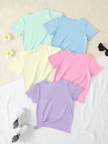 5pcs/Set Girls' Casual Solid Color Comfortable Knit Fabric T-Shirt Outdoor Sets, Spring/Summer - Multicolor - View 2