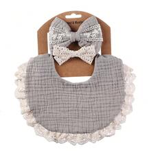 Adjustable Baby Girl Bow Headband & Saliva Towel Set, Lace Detail, Solid Color Double-Sided Waterproof Dribble Bib, Cute & Versatile - Multicolor - View 19