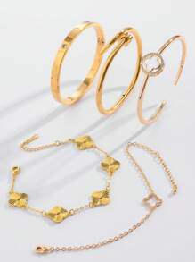 Set de 5 piezas de brazaletes de joyería con adorno de trébol dorado de moda casual, adecuado como regalo para mamá, amigos, familia, esposa, novia, compañeros de clase para festividades