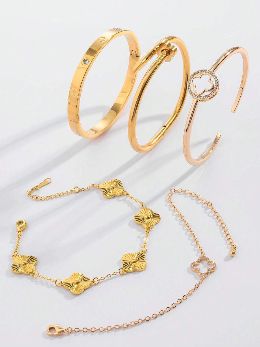 Set de 5 piezas de brazaletes de joyería con adorno de trébol dorado de moda casual, adecuado como regalo para mamá, amigos, familia, esposa, novia, compañeros de clase para festividades