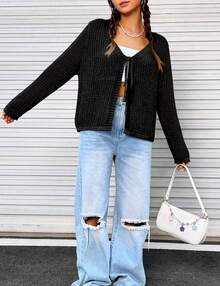 Womens Lightweight Crochet Cardigan Tie Front Shrugs Knit Crop Tops - màu đen - Xem 2