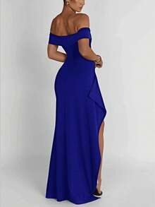 Evening Gown Party Women's One Neck Strapless Dress Sexy Backless High Slit Long Dress - Blue - View 2