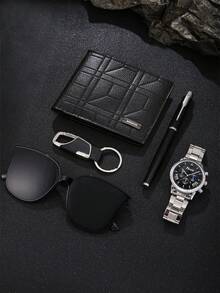 3 件/5 件男士手表套装，休闲、商务和正装不锈钢手表 + 钱包 + 装饰眼镜 + 钥匙扣 + 笔，完美的生日、圣诞礼物