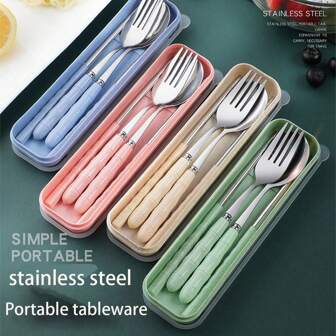 Portable Tableware Stainless Steel Chopsticks Spoon Set, Three Pieces Storage Box, One Person Spoon For Travel
