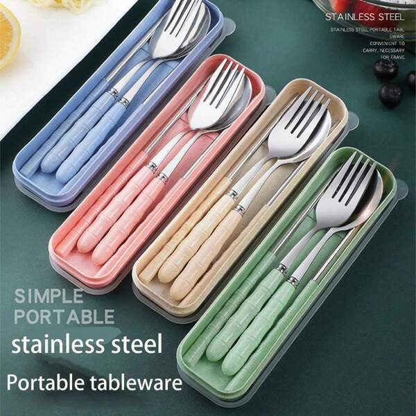 Portable Tableware Stainless Steel Chopsticks Spoon Set, Three Pieces Storage Box, One Person Spoon For Travel