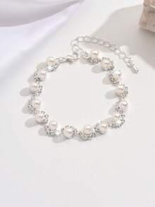 1pc Elegant Wave Pearl & Rhinestone Bracelet, Suitable For Women Wedding, Party & Daily Wear - Silver - View 7