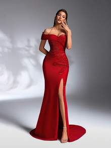 IBTRLY Elegantes Abendkleid mit dehnbarem Stoff, Herzausschnitt, Pailletten und seitlichem hohem Schlitz für Partys, Hochzeiten und Silvester (Größe fällt groß aus, Kunden werden empfohlen, die Größentabelle beim Bestellen zu prüfen) - Bordeaux - Übersicht 7