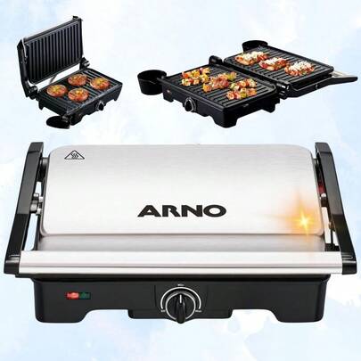 Grill Portátil Sanduicheira 127V Grelha Arno Gnox Dual Inox Esquenta Rápido Placa Antiaderente Controle de Temperatura