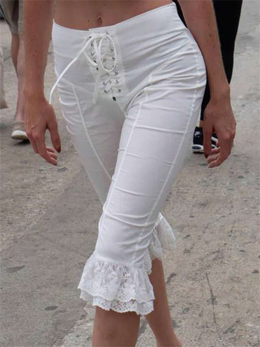 Women Y2k Capri Skinny Leggings Front Cross Tie-Up Lace Frill Cropped Pants Slim Fit Knee Length Trousers