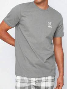 2pcs Plaid & Printed Short Sleeve Shirt & Shorts Pajama Set For Men, Lightweight, Summer - Grey - View 5