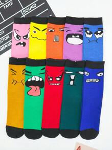 3 Pairs Random Color Block Funny Expression Street Fashion Mid-Calf Socks For Women, Style For Students And Couples