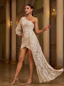 Missord Vestido formal de noche elegante con manga larga para eventos como graduación, cena o boda, con cuello asimétrico, detalles drapeados y fruncidos, estampado integral