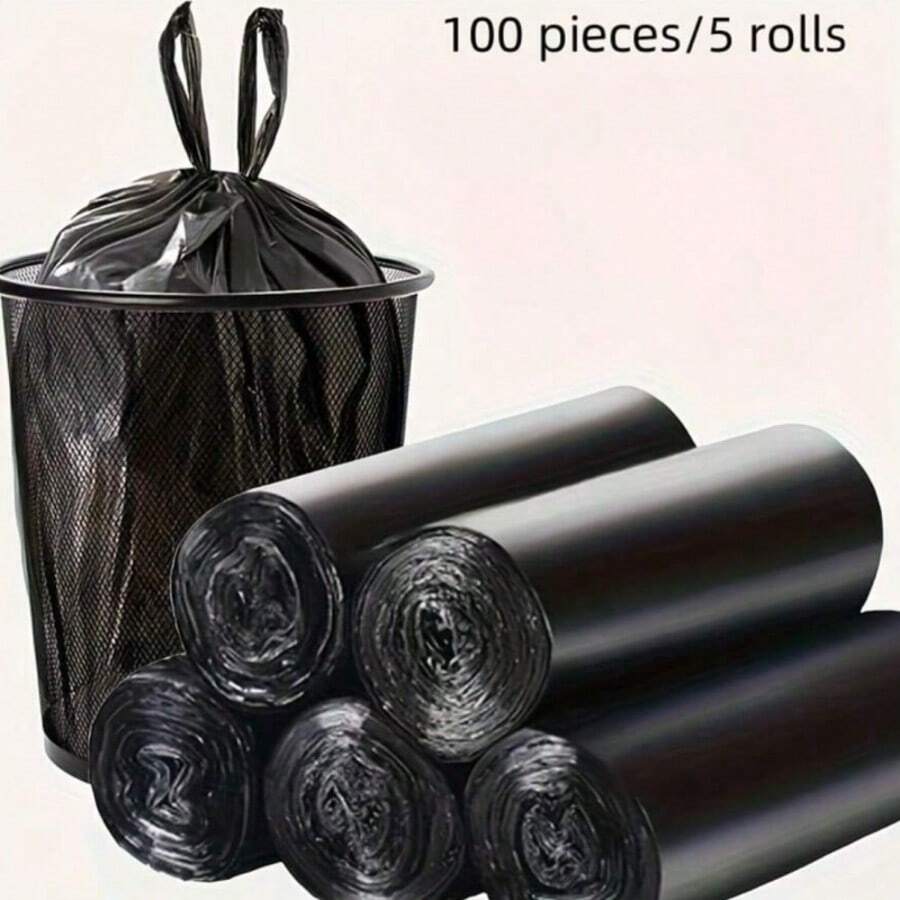 100 个/5 包黑色垃圾袋，耐用塑料袋，汽车垃圾袋，适合室内外汽车使用 - 适合家庭、办公室、厨房、浴室和体育活动，厨房垃圾袋 | 时尚塑料袋 | 可重复使用的垃圾袋，垃圾桶内衬